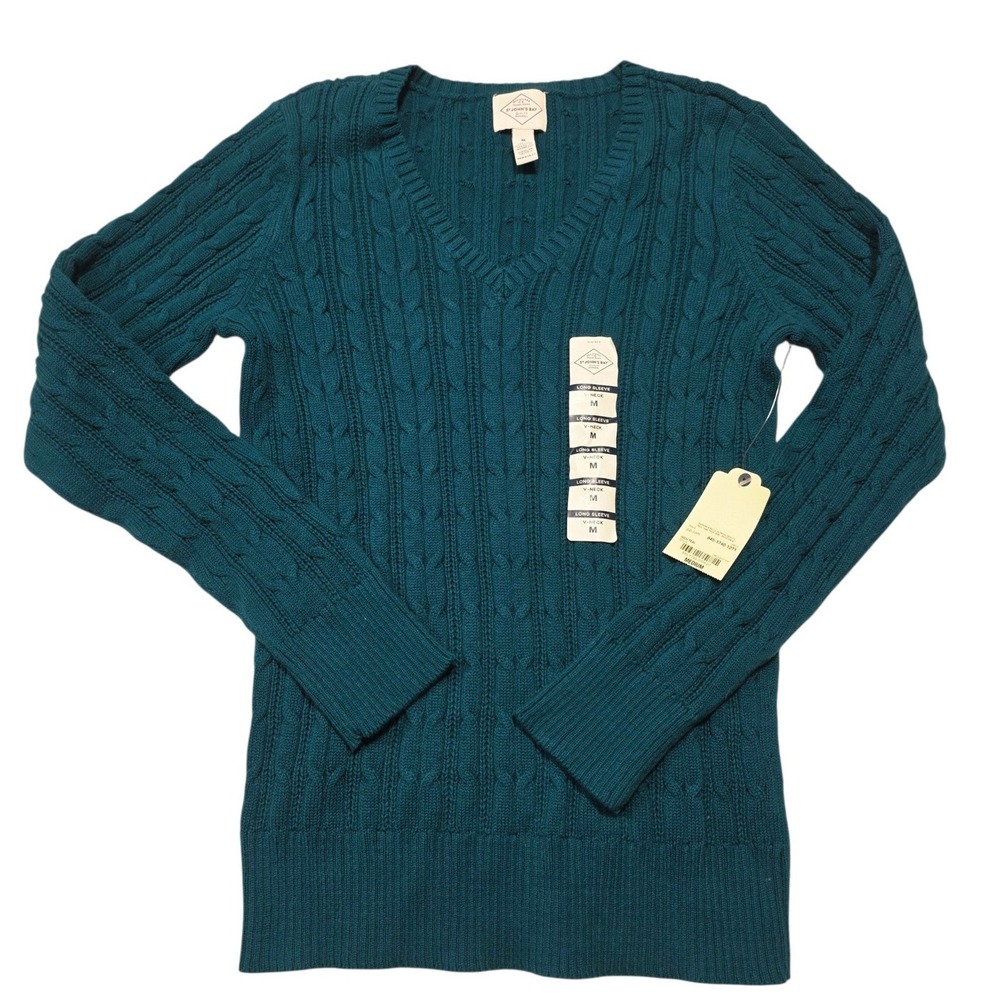 St. John's Bay V-Neck Cable Knit Sweater Women Medium Rich Teal Cotton Blend NWT